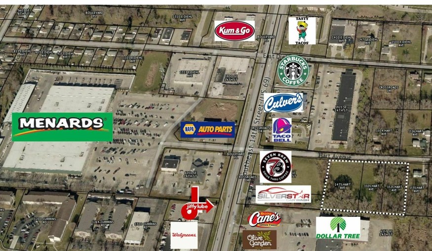 Aerial map showing the site at 1475, 1505 and 1525 Hart Ave outlined, one block east of Menards across SE 14th Street, surrounded by national retailers